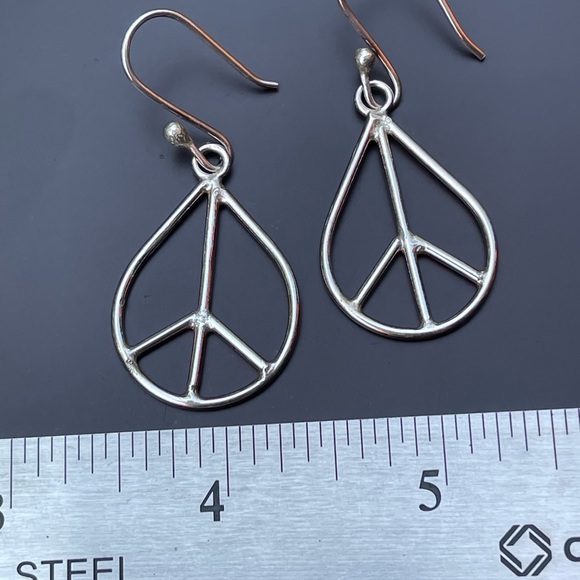 Groovy Solid Sterling Silver (.925) Teardrop Peace Sign Earrings - Picture 2 of 2
